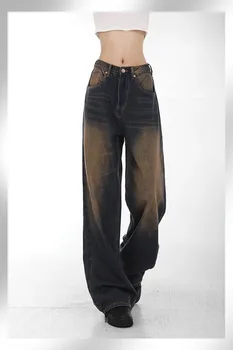 American Vintage de Alta Rua de Cintura Alta Jeans Reta Calças das Mulheres Casual Folgado Y2K de Perna Larga Grunge Retro, Calças Jeans