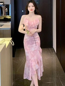 2023 Chiffon Rosa Elegante Agradou Funda Vestido Longo De Verão Elegante E Casual, Praia Sundress Mulheres Coreano Bodycon Sereia Vestido De Noite