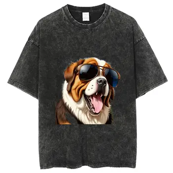 Anime Cão Impresso T-Shirt Para Homens, Lavou-100% Algodão Tops Tees, Retro Harajuku Tshirt 2023 Streetwear, Hip Hop Unisex T-shirts