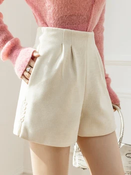 2023 Nova de Lã Mulheres de Perna Larga Shorts Com Botões de Outono Inverno Cintura Alta Casual de Uma Linha de Shorts Vintage Feminino Calças