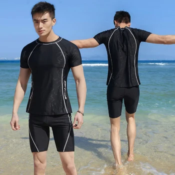 Homens da Divisão de Estilo de roupa de Banho Rápido a Seco Elástico de Manga Curta Proteção contra o Sol, Surfar Terno de Esportes de Praia de Água Preta Calções de Banho