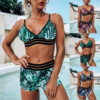As mulheres de Cor 2pack Tropical Impressão de Biquini Maiô Split Push-Up de Duas peças de moda praia moda praia