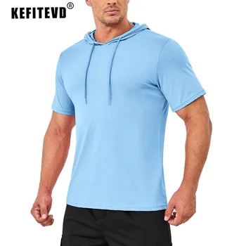KEFITEVD de Mens Executando o Esporte Casaco de Algodão com Capuz Manga Curta T-shirts de Ginásio de Musculação Moletons Camisolas Muscular Camisa