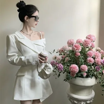 Branca De Moda Chique Temperamento Elegante Off Ombro Vestidos De Primavera 2023 Irregular Slim Botão Do Blazer Vestidos Vestido De Mulher