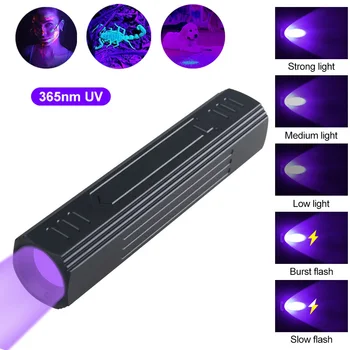 Mini 365 nm UV Lanterna LED USB Recarregável Zoomable Luz Negra 5Modes Ultravioleta UV Tocha Portátil Urina de animais de Estimação Manchas de Escorpião