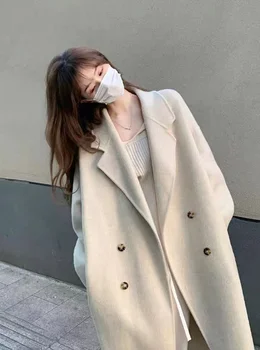 Mulheres casaco dupla face em lã casaco versão coreana do casulo deslocações ao longo de duas faces casaco para mulher