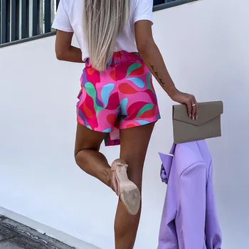 Moda Geométrica Impressa Shorts Calças 2023 Verão Elegante Cintura Alta Saias Plissadas Curtas Mulheres Casual Reta Calças