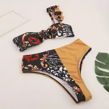 Biquini Sexy Um Ombro Splicing Design De Duas Peças Leopard/Estampa Floral Swimsuit Das Mulheres De Beachwear