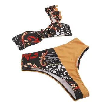 Biquini Sexy Um Ombro Splicing Design De Duas Peças Leopard/Estampa Floral Swimsuit Das Mulheres De Beachwear
