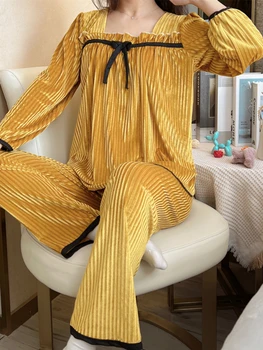Outono Inverno Quente Pijama De Flanela Conjunto De Mulheres Pijamas Dourado Suave Veludo Macio Para Casa Vestir Roupas De Mulheres De Pijama Conjunto De Calças Conjunto